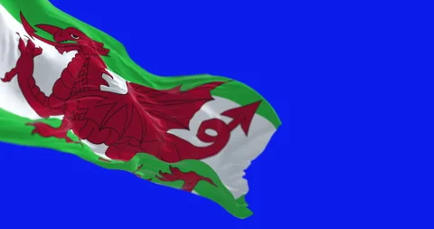 The Wales flag waving in the wind isolated on blue background Stock Footage 332362326