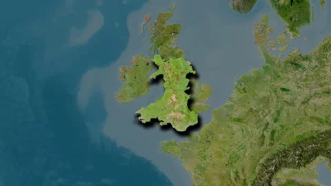 Wales - Great Britain map - extract. Shadow. Satellite. Labels Stock Footage 178488937