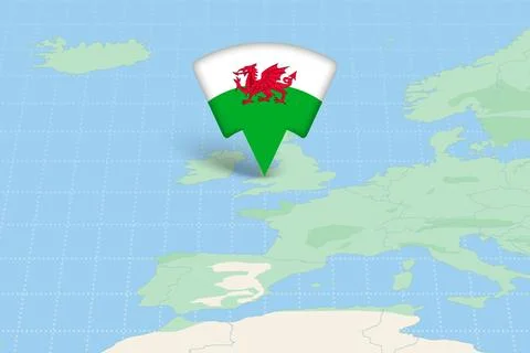Wales Location Highlighted on Map with Flag Icon. Stockillustratie