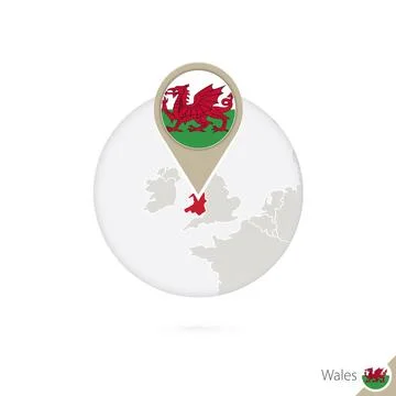 Wales map and flag in circle. Map of Wales, Wales flag pin. Map of Wales in.. Stock Illustration