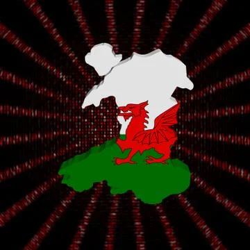 Wales map flag on red hex code burst illustration 库存插图