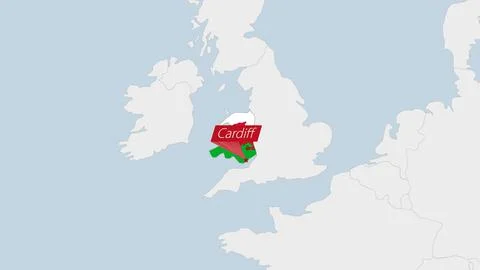 Wales map highlighted in Wales flag colors and pin of country capital Cardiff Stock Illustration