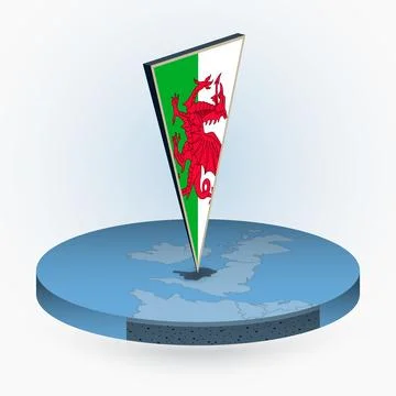 Wales map in round isometric style with triangular 3D flag of Wales Stock Illustration