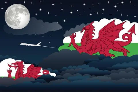 Wales Night Clouds Airplane Vector Illustration Stock Illustration