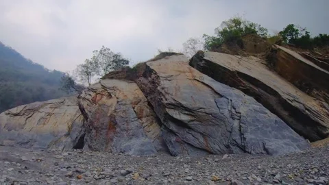 Walk along horizontal pane view to mountains creek valley canyon hills with tree Stock Footage 265493896