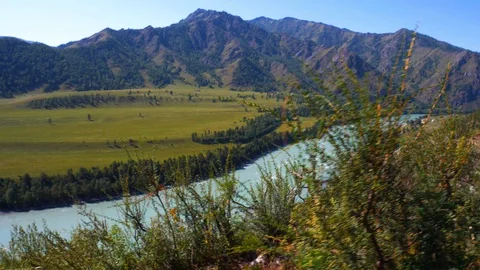A walk along the top with a panorama down where the Siberian river Katun flows 動画素材 116103844
