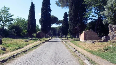 Walk on an ancient road built by the ancient Romans, ancient Appia Stock Footage 90138836