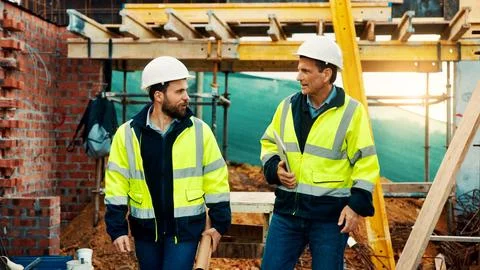 Walk, architect and men in construction for site inspection, project planning Stock Photos