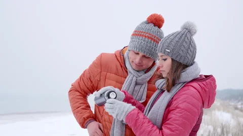 Walk on the beach warm tea Video stock 62731884