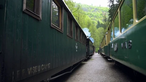 Walk between retro trains Stock Footage 121586351