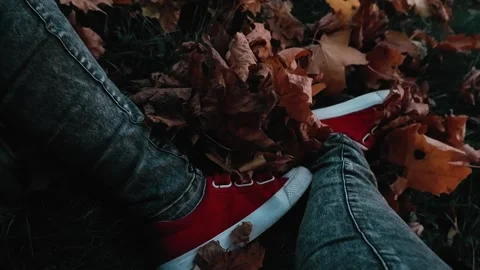 Walk on a cloudy day. In red sneakers sits on yellow leaves Stock Footage 141923358