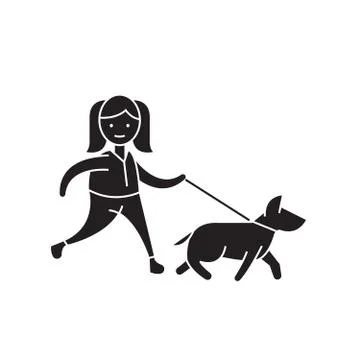 Walk the dog black vector concept icon. Walk the dog flat illustration, sign Stock Illustration