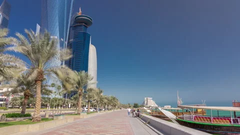 Walk on Doha's Corniche in West Bay timelapse hyperlapse, Qatar. Stock Footage 145851310