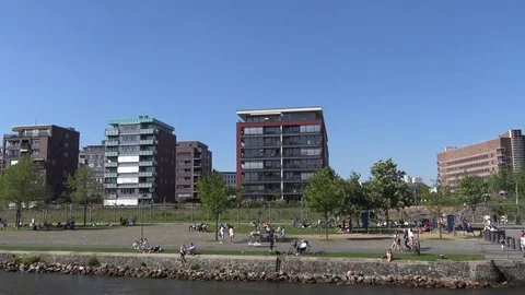Walk to down the river Мain on shipboard in summer in city Frankfurt am Main Stock Footage