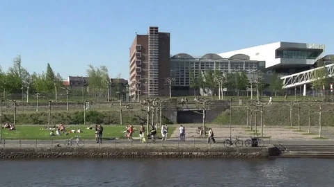 Walk to down the river Мain on shipboard in summer in city Frankfurt am Main Stock Footage 83990470