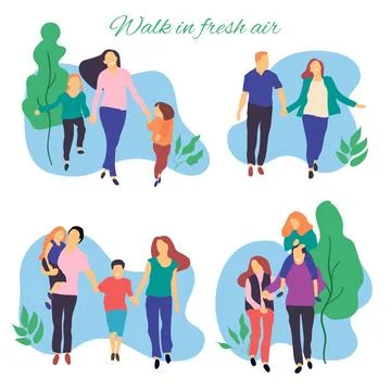 Walk in fresh air. Vector stylized illustration of active young family. Healthy Stock Illustration