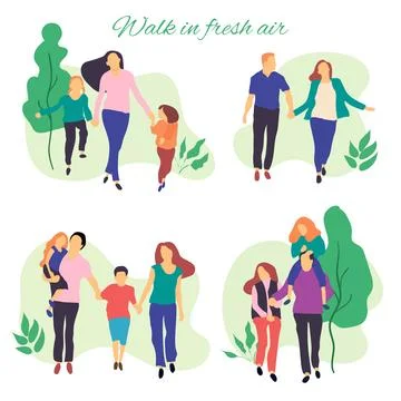 Walk in fresh air. Vector stylized illustration of active young family. Healthy Stock Illustration