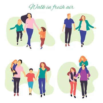 Walk in fresh air. Vector stylized illustration of active young family. Healthy Stock Illustration