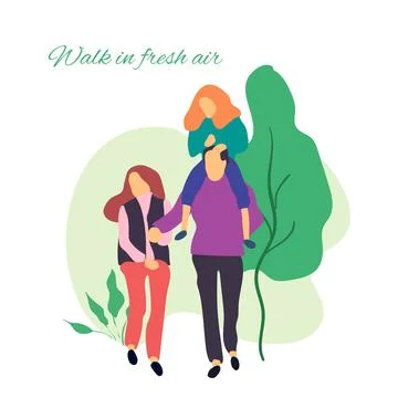 Walk in fresh air. Vector stylized illustration of active young family. Healthy Stock Illustration