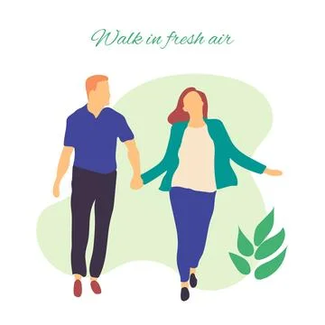 Walk in fresh air. Vector stylized illustration of active young family. Healthy Stock Illustration