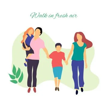 Walk in fresh air. Vector stylized illustration of active young family. Healthy Stock Illustration