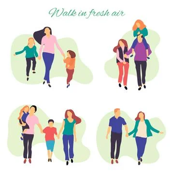 Walk in fresh air. Vector stylized illustration of active young family. Healthy Stock Illustration