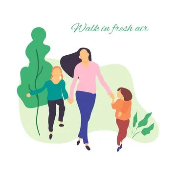 Walk in fresh air. Vector stylized illustration of active young family. Healthy Stock Illustration