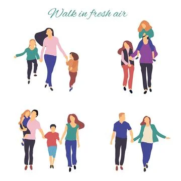 Walk in fresh air. Vector stylized illustration of active young family. Healthy Stock Illustration