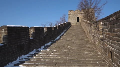 Walk to Great Wall Tower in Winter Stock Footage 139725233