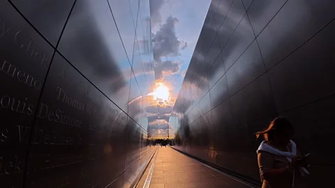 Walk inside Empty Sky Memorial in Liberty State Park in Jersey City, USA. Video stock 318225104