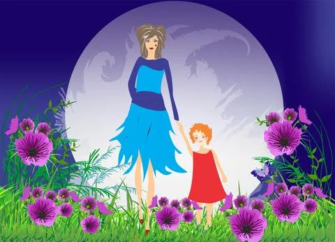 A walk with mom, Stock Illustration