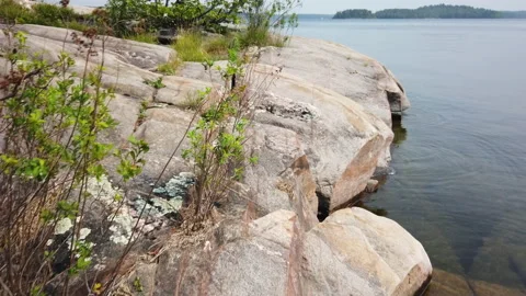 Walk On Northern Glazier Patterned Rock Shoreline On Wilderness Lake Stock Footage 200634440