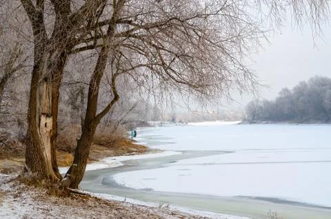 Walk on the river bank in December Stock Photos