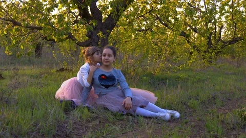Walk in the spring garden of two sisters Stock Footage 102681834