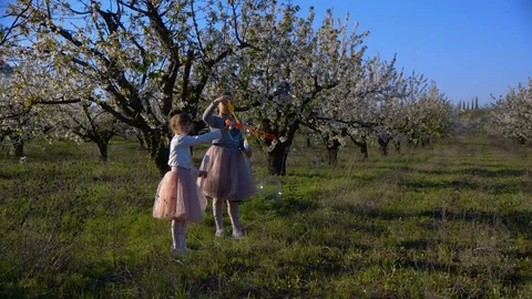 Walk in the spring garden of two sisters Stock Footage 102682331