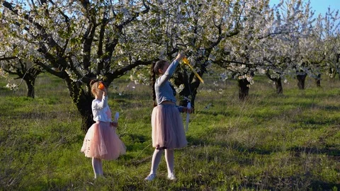 Walk in the spring garden of two sisters Stock Footage 102683001