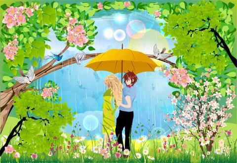 Walk in spring rain Stock Illustration