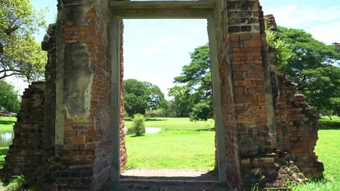 Walk through ancient gate at Ayutthaya historical park Stock Footage 91004874