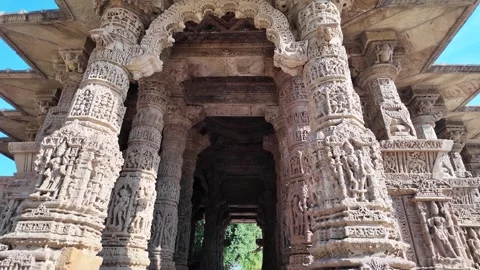 A walk through an ancient Indian temple. Stone carving. Stock Footage 305379745
