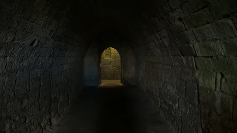 Walk Through Castle Tunnel Stock Footage 129552514