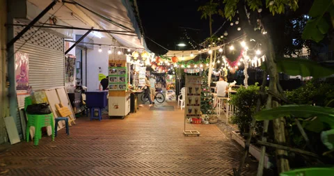 Walk through festive yet empty Ong Ang Canal walkway at night Stock Footage 326377031