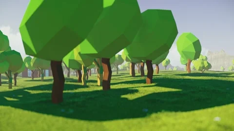 Walk through low poly cartoon forest with small red house 3D Stock Footage 57321892
