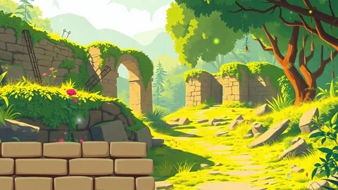 A Walk Through Nature: An Open Space With Plants and Ancient Buildings! Stock-Footage 330319430