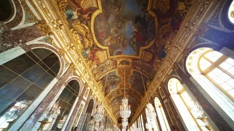 Walk thru Hall of Mirrors, Palace of Versailles Museum, Paris, France Stock Footage 221953623