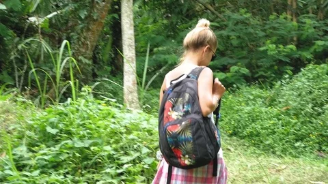 Walk to the waterfall along the path in the rainforest. Stock Footage 73639892