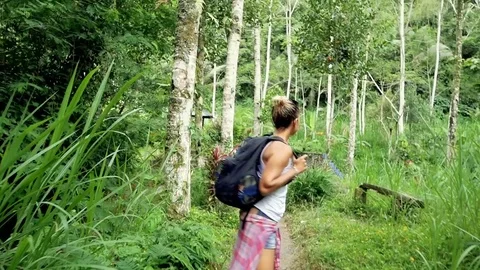 Walk to the waterfall along the path in the rainforest. Stock Footage 73640618