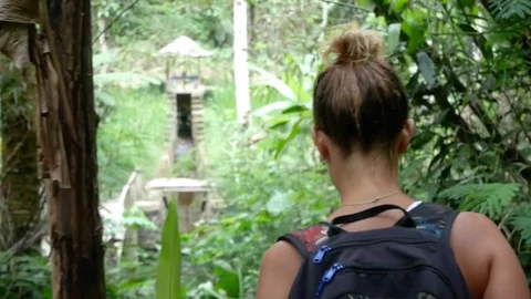 Walk to the waterfall along the path in the rainforest. Bali, Indonesia. Stock Footage 84787203