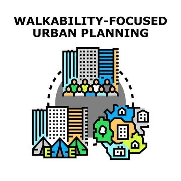 Walkability focused urban planning development creating livable neighborhoods Stock Illustration