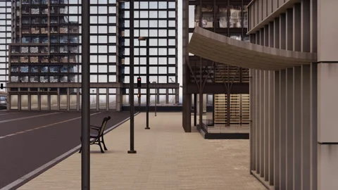 Walked on the sidewalk at sunset. 3d background of a street of buildings Stock Footage 307671868