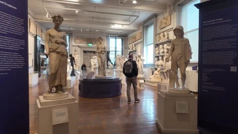 Walker Art Gallery - Visitors Observing Classical Sculptures in Museum Interior. Stock Footage 338219890